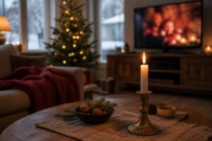 Ett tänt stearinljus i en mässingsstake framför en suddig tv-skärm i ett juligt vardagsrum