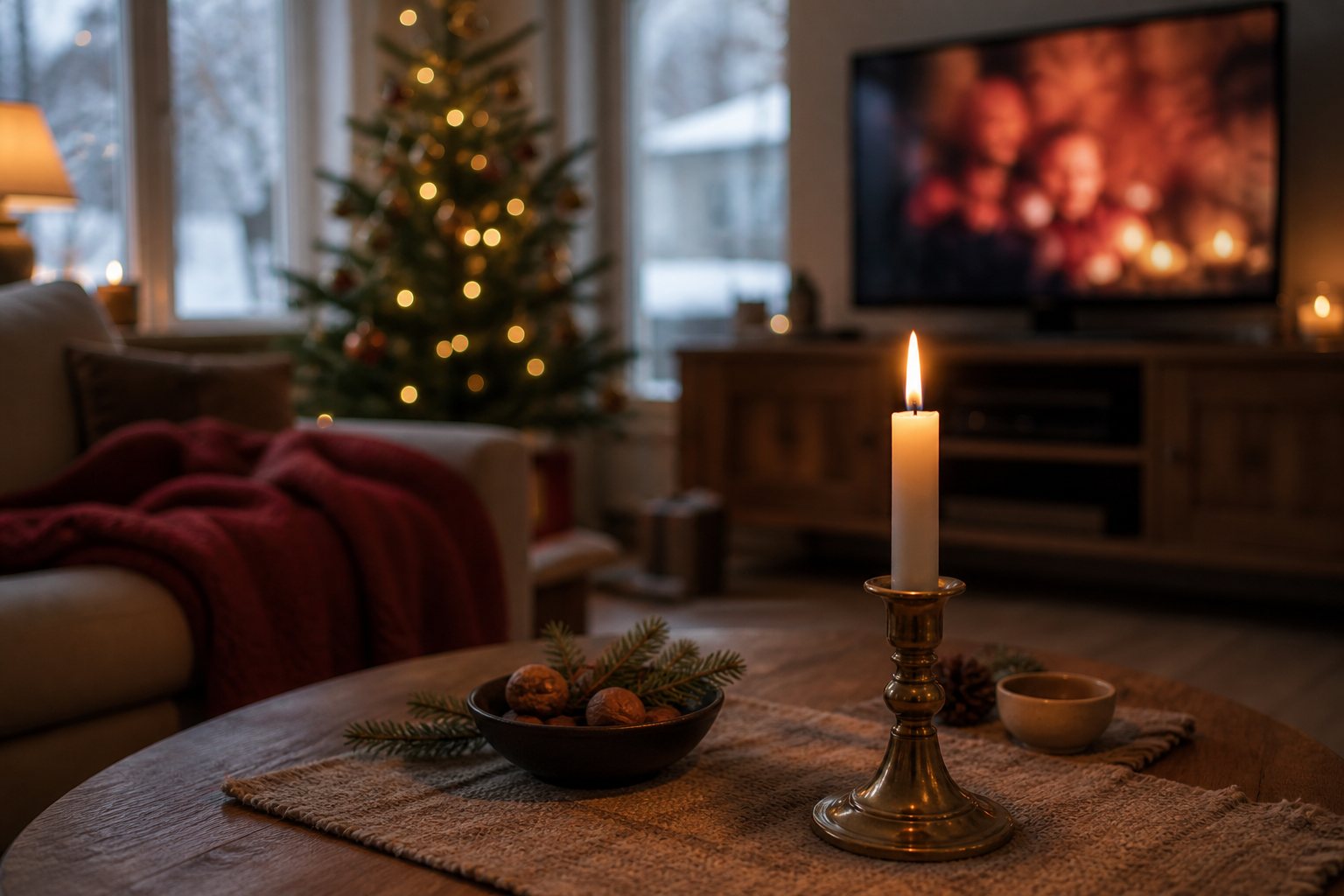 Ett tänt stearinljus i en mässingsstake framför en suddig tv-skärm i ett juligt vardagsrum